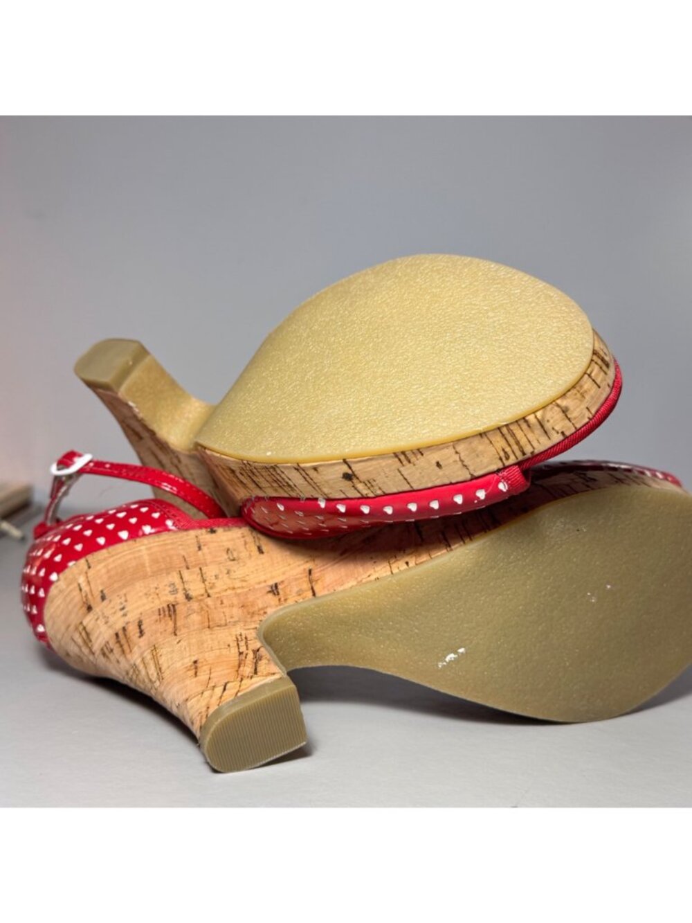 Heart N Sole Red White Heart Print Cork Wedge Sandals Peep Toe - Picture 10 of 10